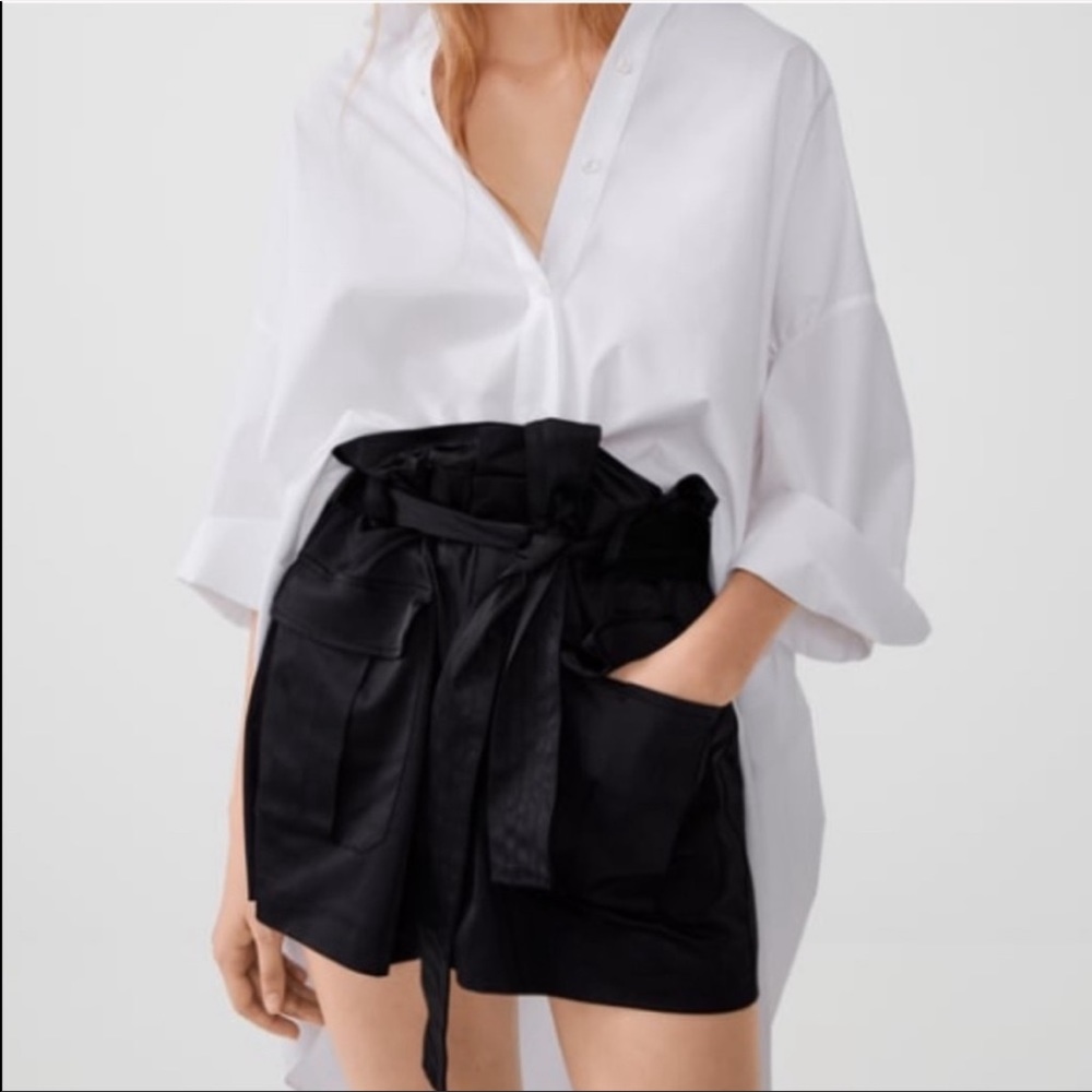 Zara black satin effect short with belt